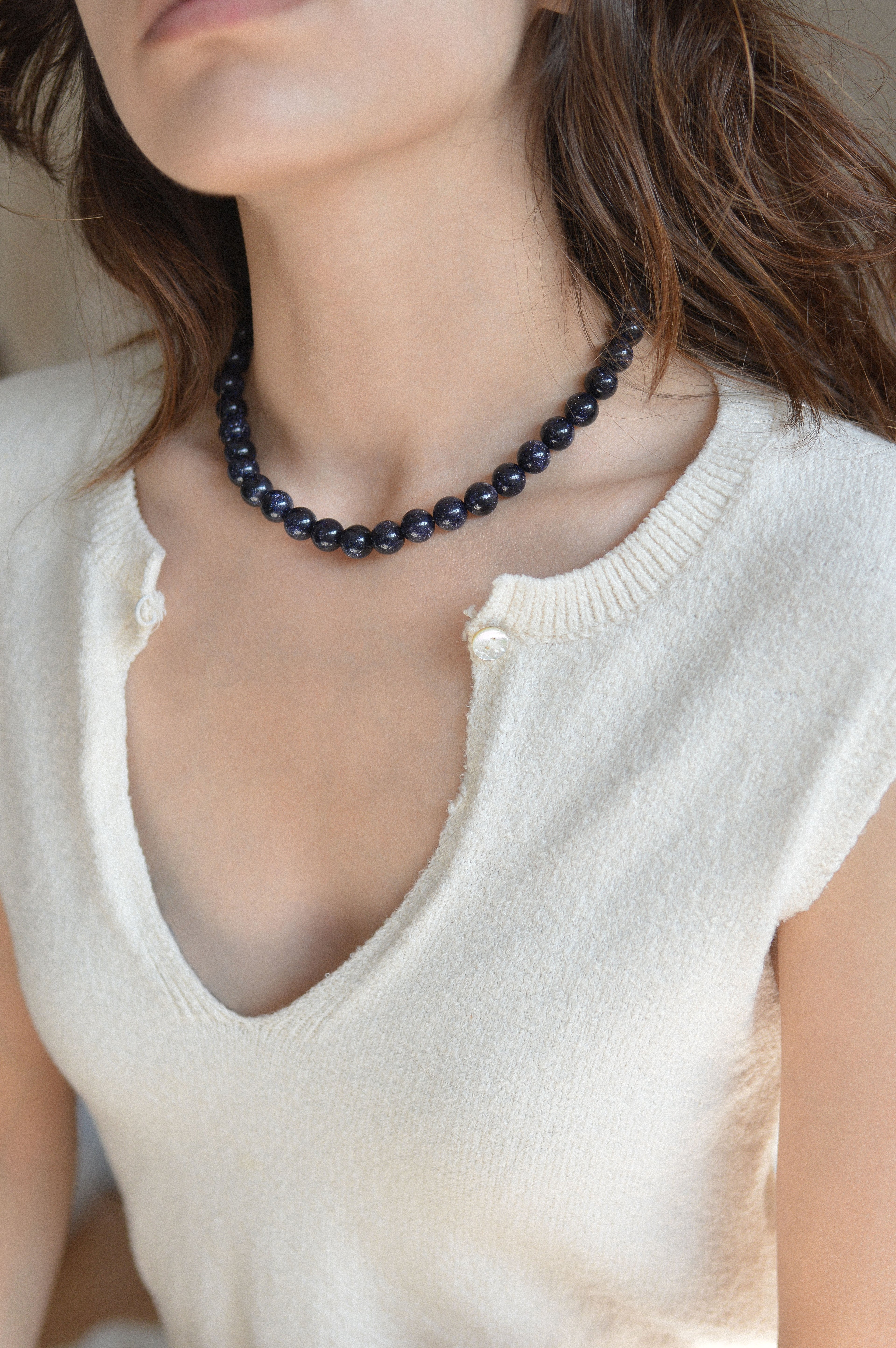 Navy Goldstone Gemstone Bead Necklace
