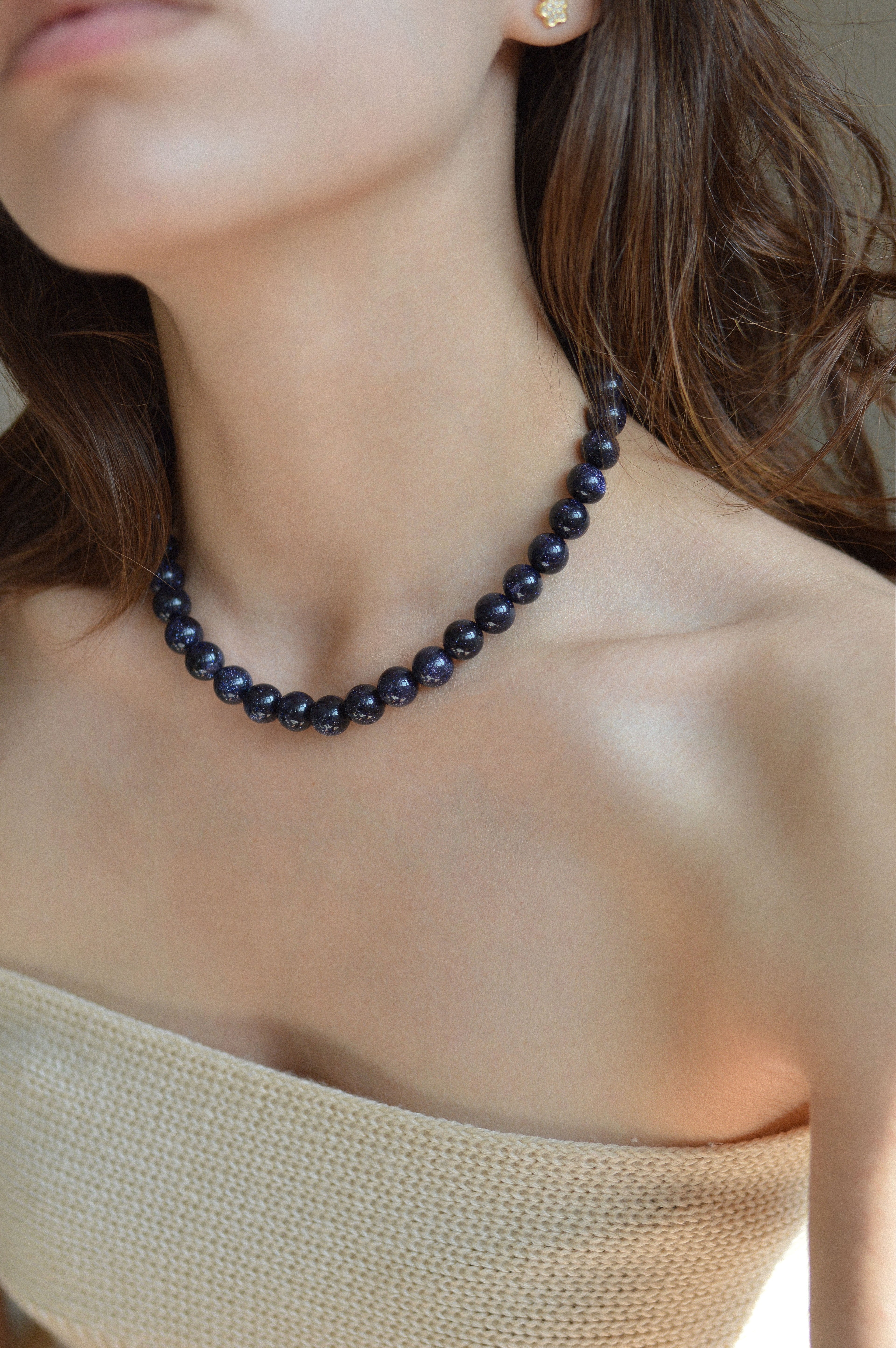 Navy Goldstone Gemstone Bead Necklace