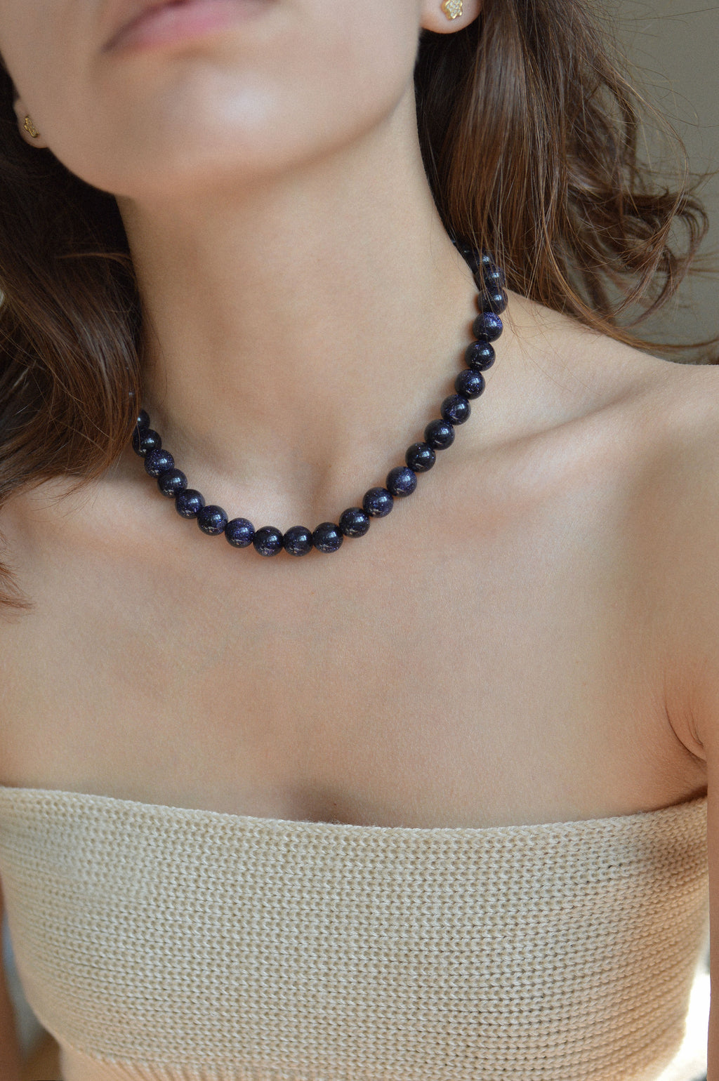 Navy Goldstone Gemstone Bead Necklace