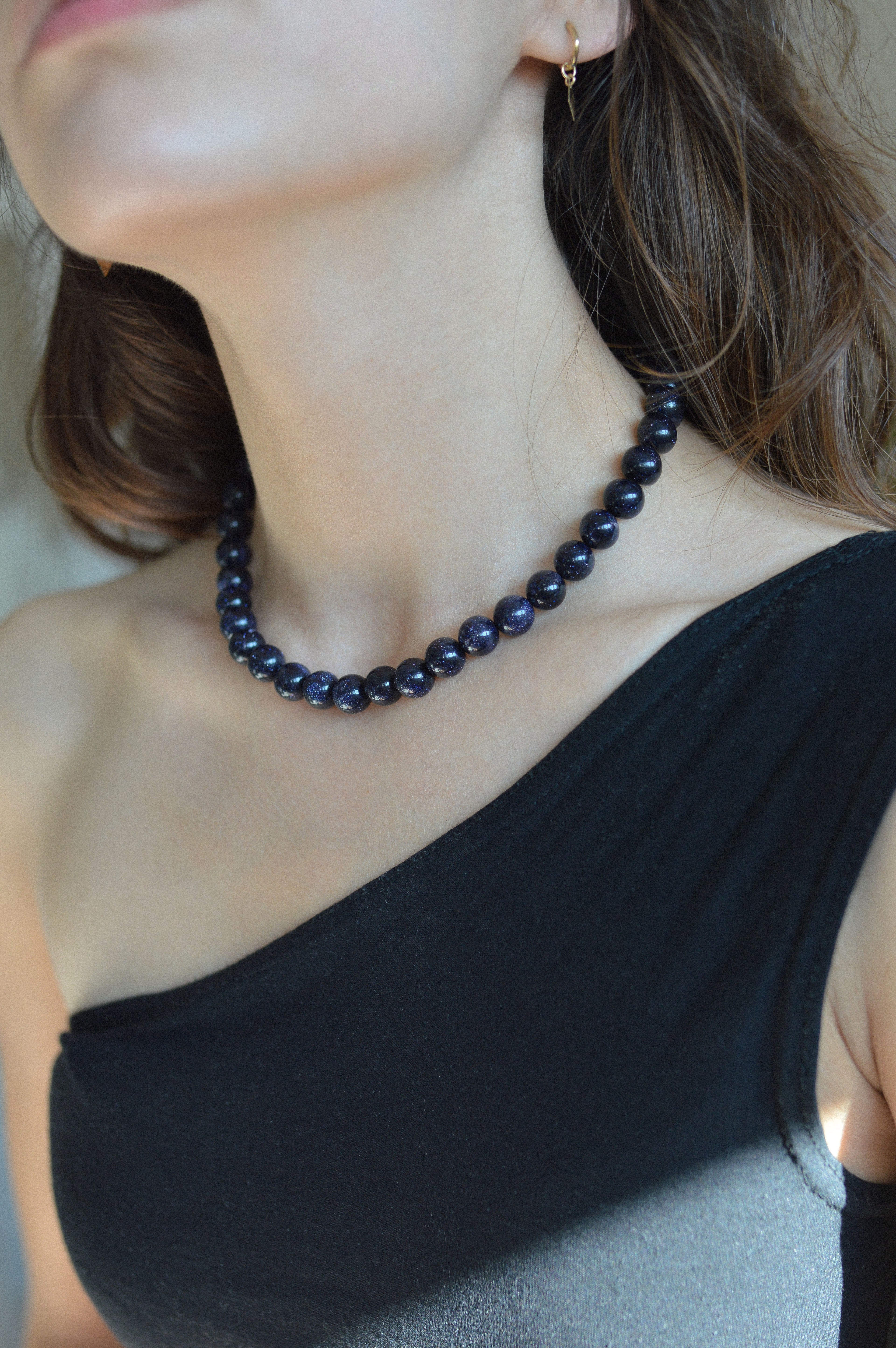 Navy Goldstone Gemstone Bead Necklace